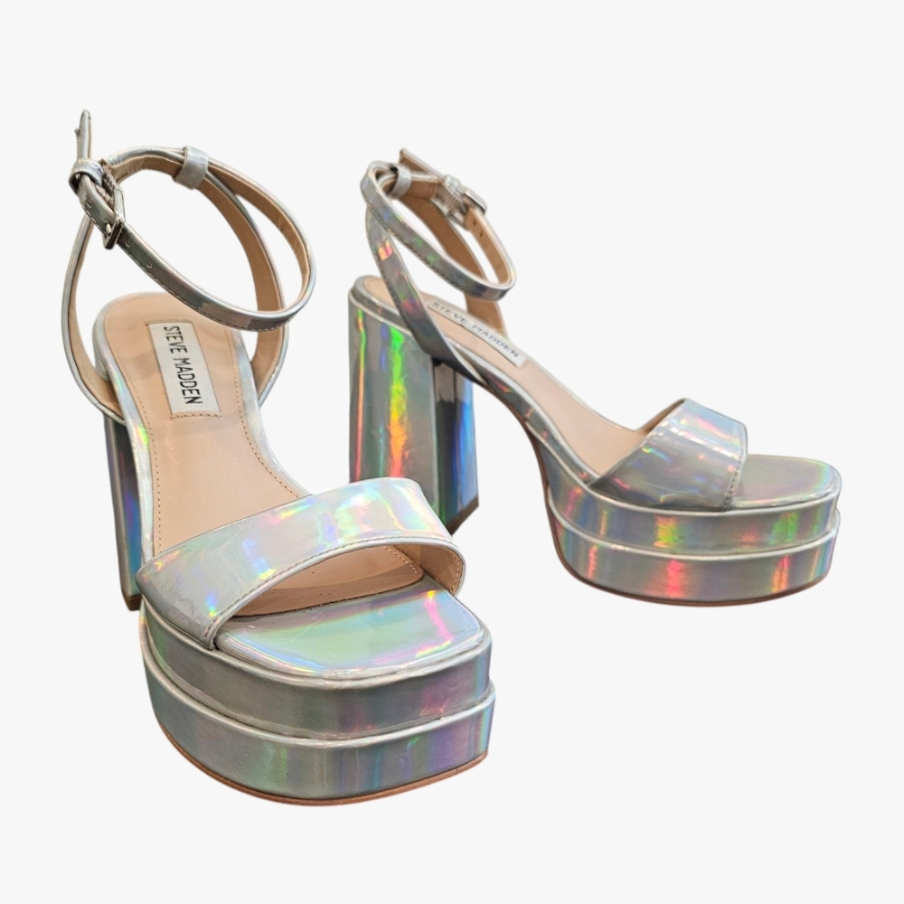 STEVE MADDEN Platform Silver Iridescent Ankle Strap Block Heel Sandals 6M